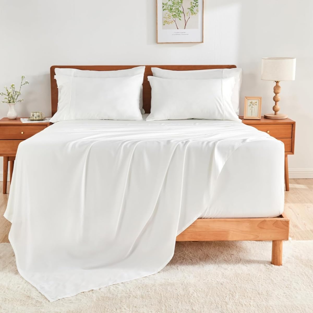 Dluxe Ave. ( KING) 6 Pcs Luxury Bed Sheet Set, 100% Rayon Derived from Bamboo, 24" Extra Deep Pocket, Bright White