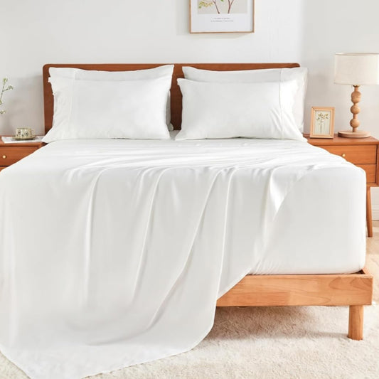 Dluxe Ave. ( KING) 6 Pcs Luxury Bed Sheet Set/ 100% Rayon/ Bamboo 24" Extra Deep Pocket/ Bright White