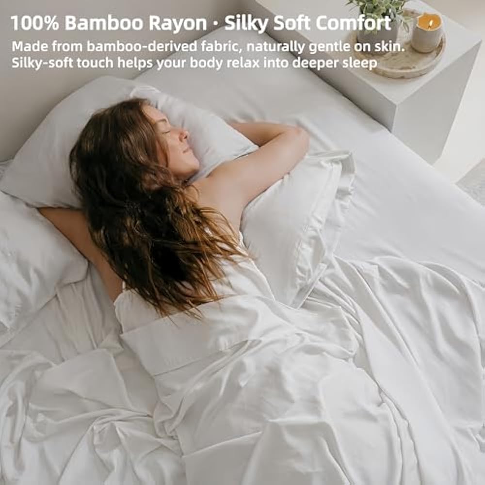 Dluxe Ave. ( KING) 6 Pcs Luxury Bed Sheet Set, 100% Rayon Derived from Bamboo, 24" Extra Deep Pocket, Bright White