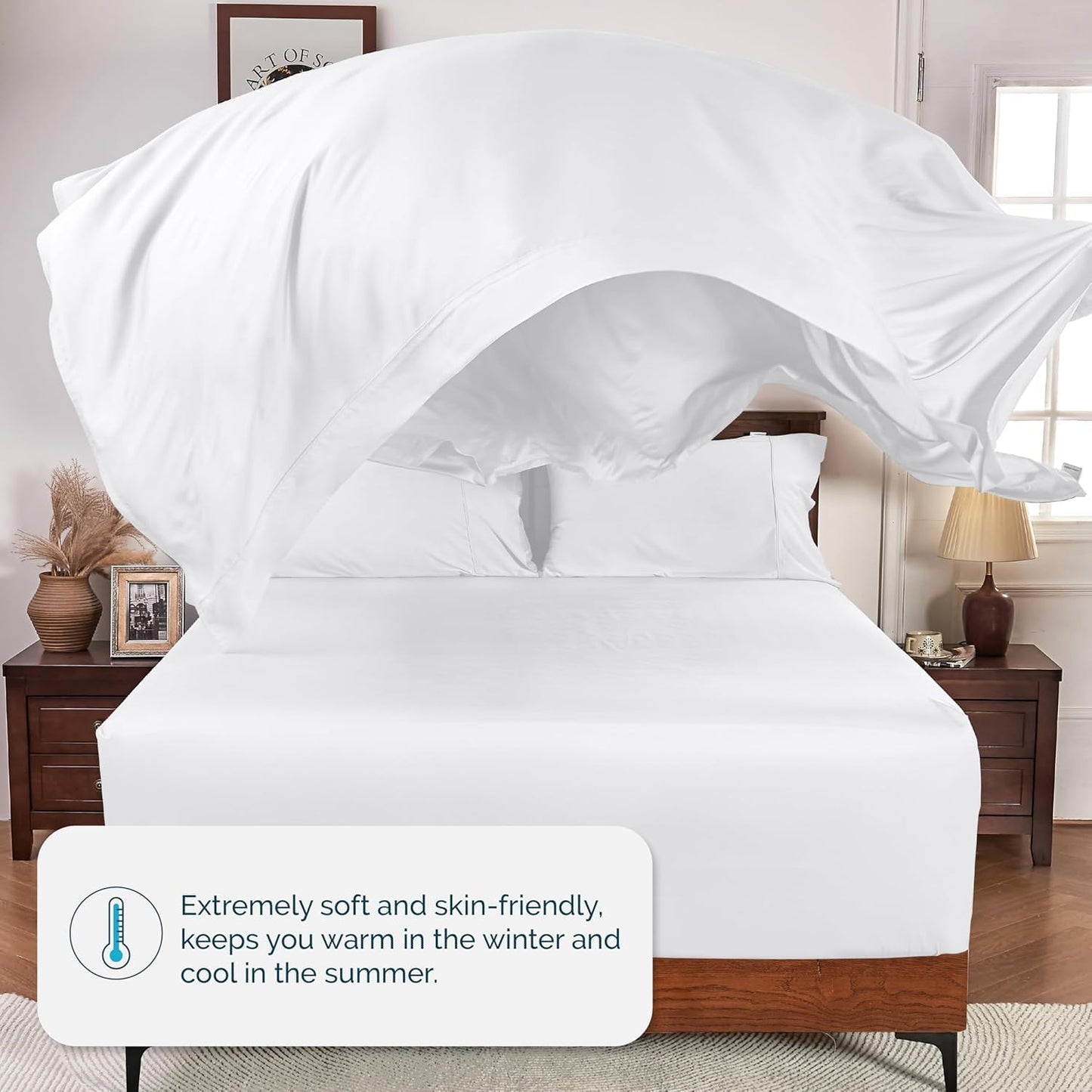 Dluxe Ave. ( KING) 6 Pcs Luxury Bed Sheet Set, 100% Rayon Derived from Bamboo, 24" Extra Deep Pocket, Bright White