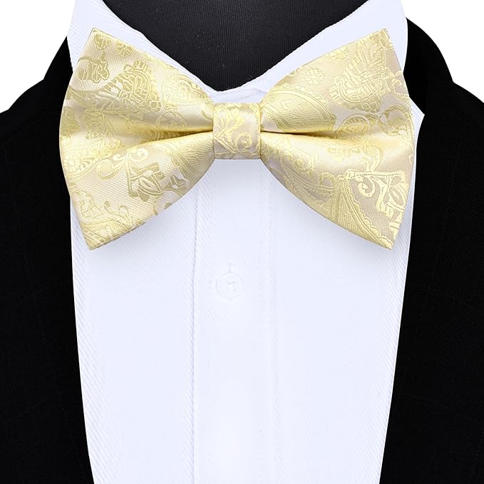 Dluxe Ave.  Men Silk Paisley Bowtie/ Pocket Square Handkerchief & Cufflinks/ Light Yellow