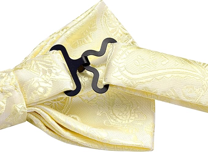 Dluxe Ave.  Men Silk Paisley Bowtie/ Pocket Square Handkerchief & Cufflinks/ Light Yellow