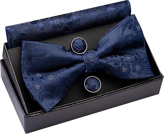 Dluxe Ave. Navy Blue Bow Tie and Pocket Square Set for Men Floral Pre-Tied Bowties Cufflinks