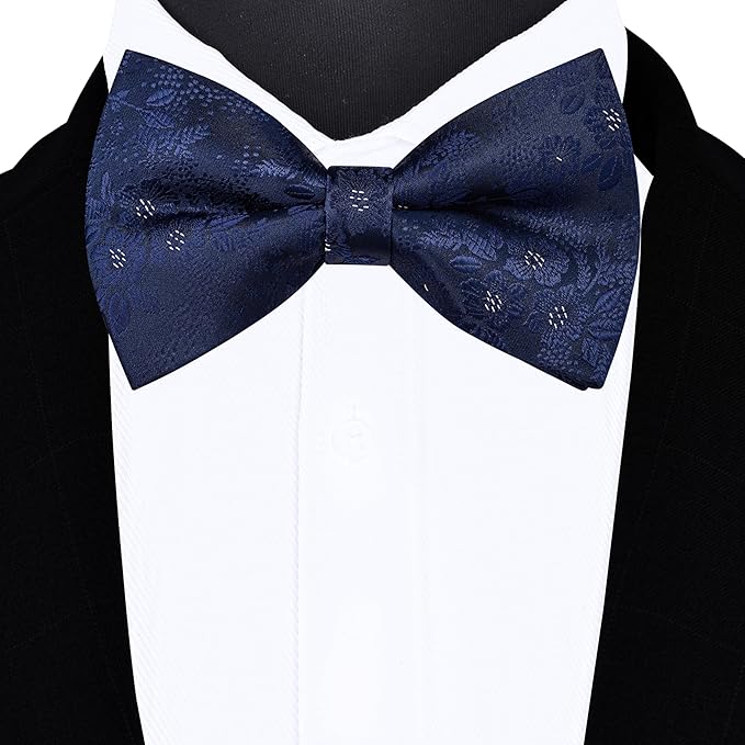Dluxe Ave. Navy Blue Bow Tie and Pocket Square Set for Men Floral Pre-Tied Bowties Cufflinks