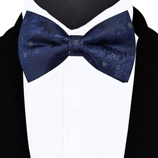 Dluxe Ave. Navy Blue Bow Tie and Pocket Square Set for Men Floral Pre-Tied Bowties Cufflinks