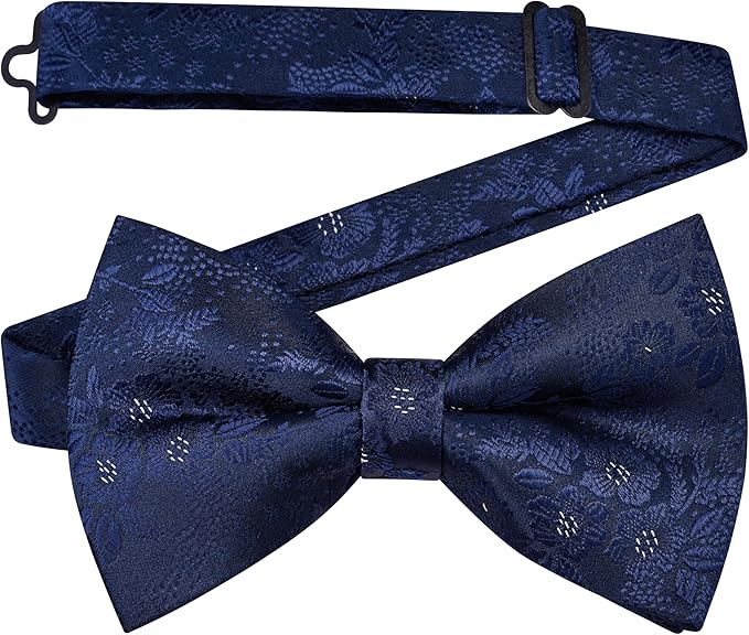 Dluxe Ave. Navy Blue Bow Tie and Pocket Square Set for Men Floral Pre-Tied Bowties Cufflinks