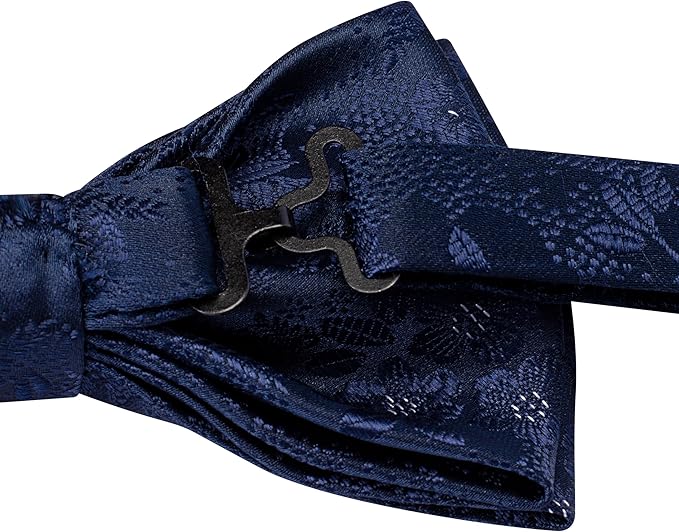 Dluxe Ave. Navy Blue Bow Tie and Pocket Square Set for Men Floral Pre-Tied Bowties Cufflinks