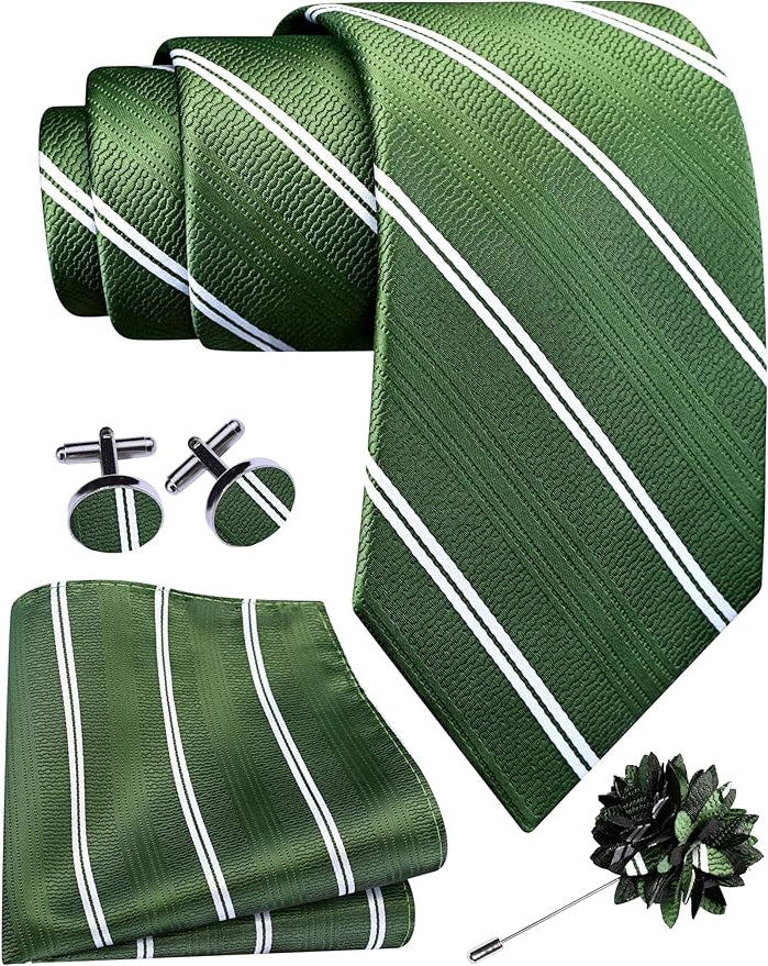 Dluxe Ave. Men Silk Necktie, Pocket Square, Cufflinks & Lapel Pin/ Olive Green