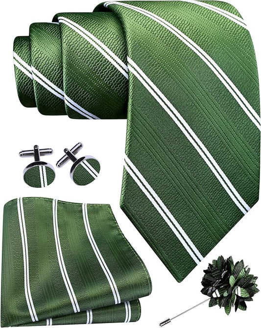 Dluxe Ave. Men Silk Necktie, Pocket Square, Cufflinks & Lapel Pin/ Olive Green