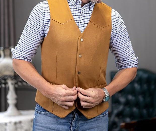 Dluxe Ave. (X-LARGE) Mens Cowboy Suede Leather Vest/ Cowhide Suede Waistcoat/ Champagne