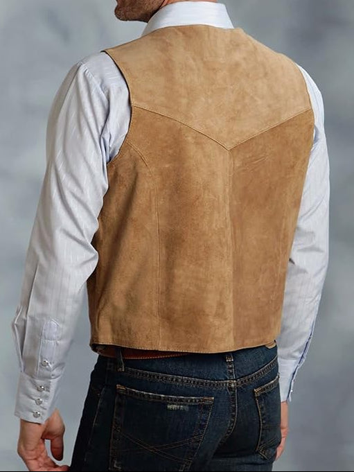 Dluxe Ave. (X-LARGE) Mens Cowboy Suede Leather Vest/ Cowhide Suede Waistcoat/ Champagne