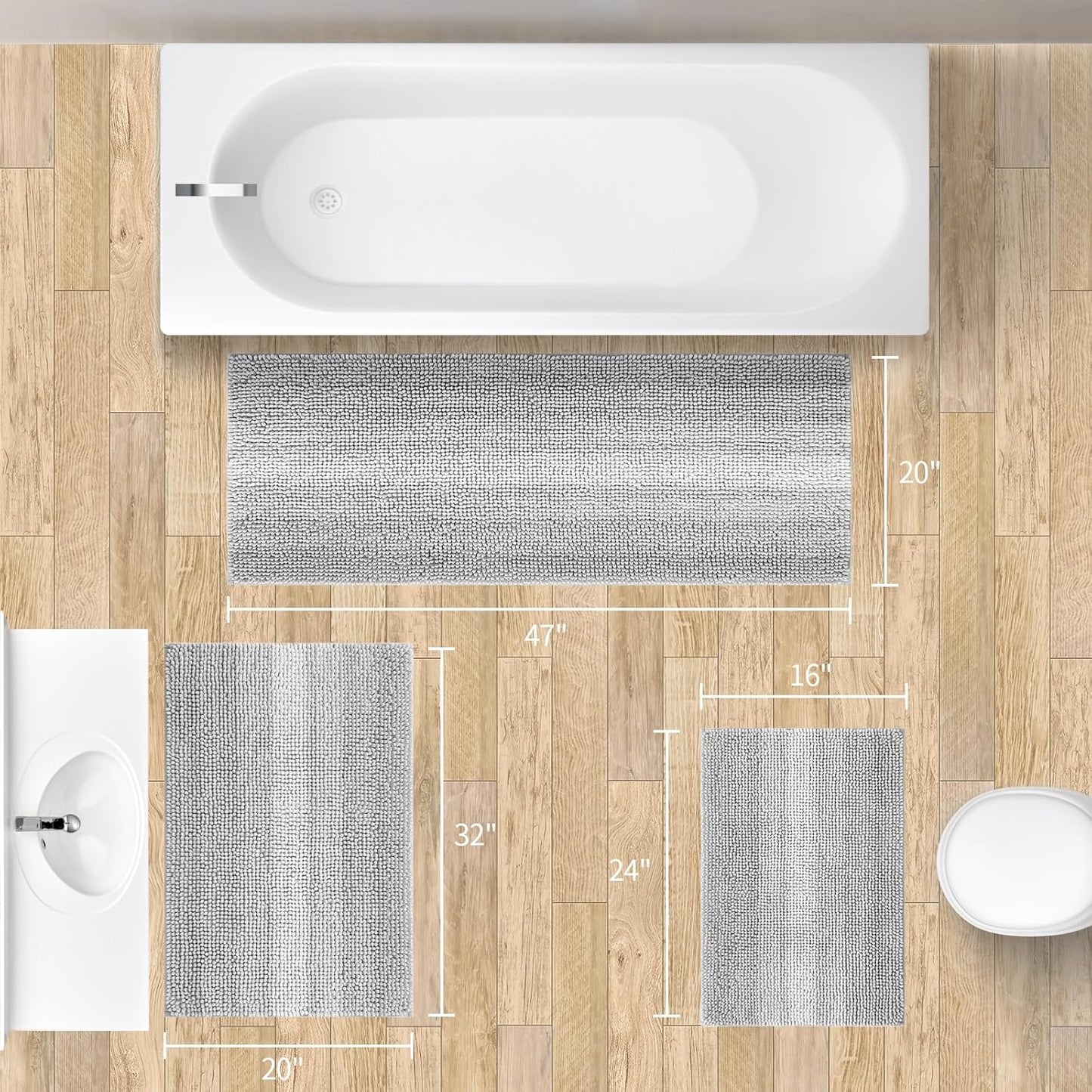 Dluxe Ave. Grey Bathroom Rug Set 2 Piece,Chenille Non Slip, Accessories for Tub 16" x 24"/ 20" x 32"