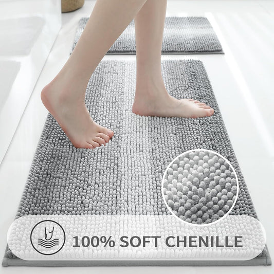Dluxe Ave. Grey Bathroom Rug Set 2 Piece,Chenille Non Slip, Accessories for Tub 16" x 24"/ 20" x 32"