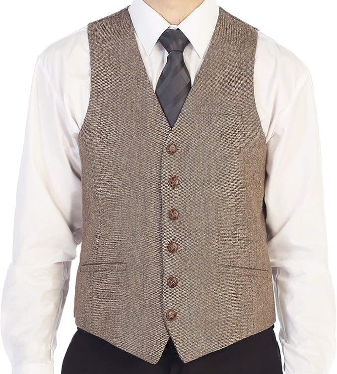 Dluxe Ave. (MEDIUM) Mens 6 Button Formal Herringbone Tweed Vest Barleycorn/ Tan