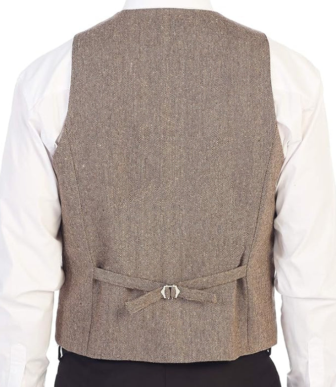 Dluxe Ave. (MEDIUM) Mens 6 Button Formal Herringbone Tweed Vest Barleycorn/ Tan