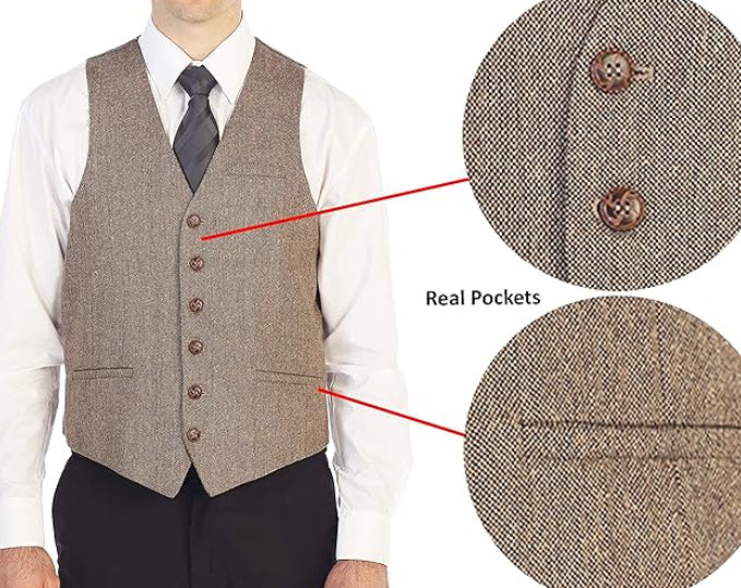 Dluxe Ave. (MEDIUM) Mens 6 Button Formal Herringbone Tweed Vest Barleycorn/ Tan