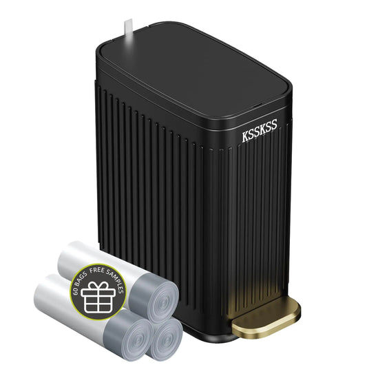 Dluxe Ave. KSSKSS Small Bathroom Trash Can with Charcoal Filters Soft Close Lid 6L / 1.6 Gallon Stainless Steel Garbage Can with Removable Inner Bucket Foot Pedal Slim Trash Can for Bedroom Home (Matt Black)