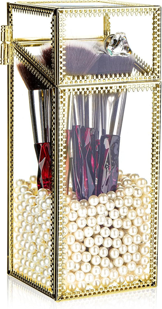 Dluxe Ave. Pumtus Makeup Brush Holder Organizer with Lid Glass Cosmetic Make Up Brushes Container Clear Makeup Tool Storage Box Cup with Pearls Vintage Dustproof Vanity Decor for Countertop Desktop