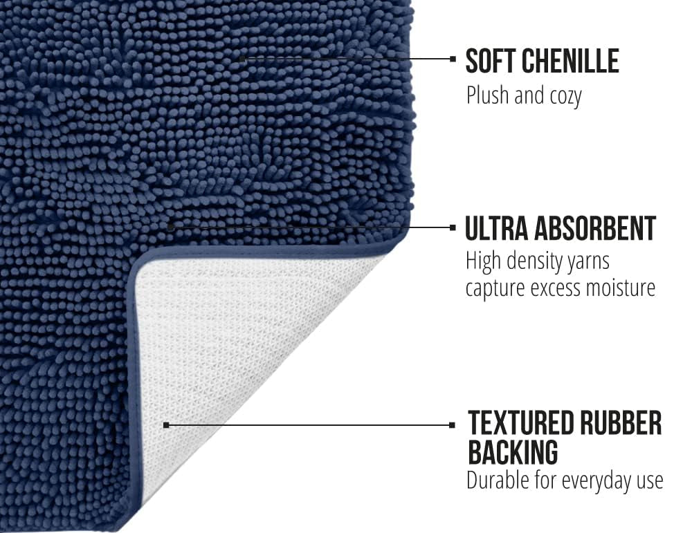 Dluxe Ave Gorilla Grip Bath Rug Mat 54x24 Thick Soft Absorbent Chenille Rubber Backing Quick Dry Microfiber Mats Machine Washable Rugs for Shower Floor Bathroom Runner  Navy Blue