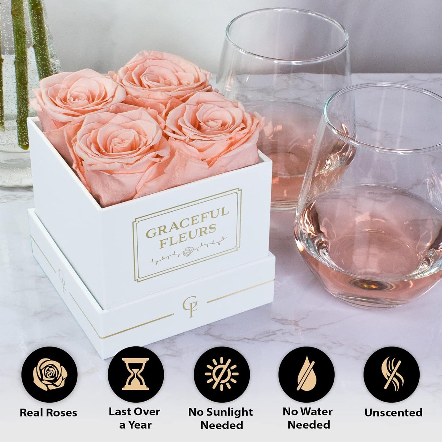 Dluxe Ave. Graceful Fleurs | Real Roses That Lasts for Years | Preserved Fresh Flowers for Delivery Birthday | Forever Roses in a Box | Valentines Day Gifts for Her (Light Peach White Box 4 Roses)