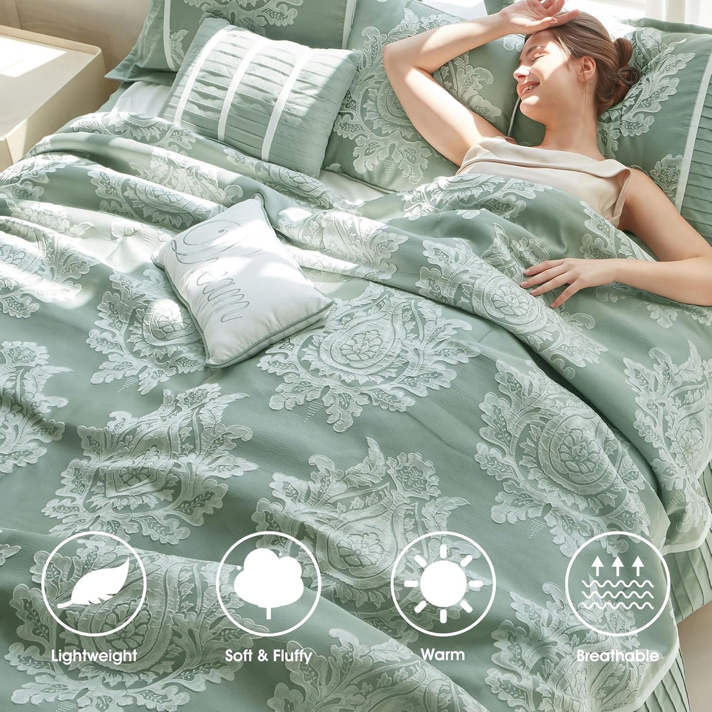Dluxe Ave. ( QUEEN ) 7PC Comforter Set/ Jacquard with Matching Solid Piecework Bedding Set/ Sage