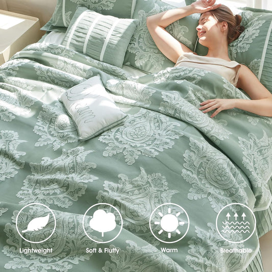 Dluxe Ave. ( QUEEN ) 7PC Comforter Set, Jacquard with Matching Solid Piecework Bedding Set, Sage