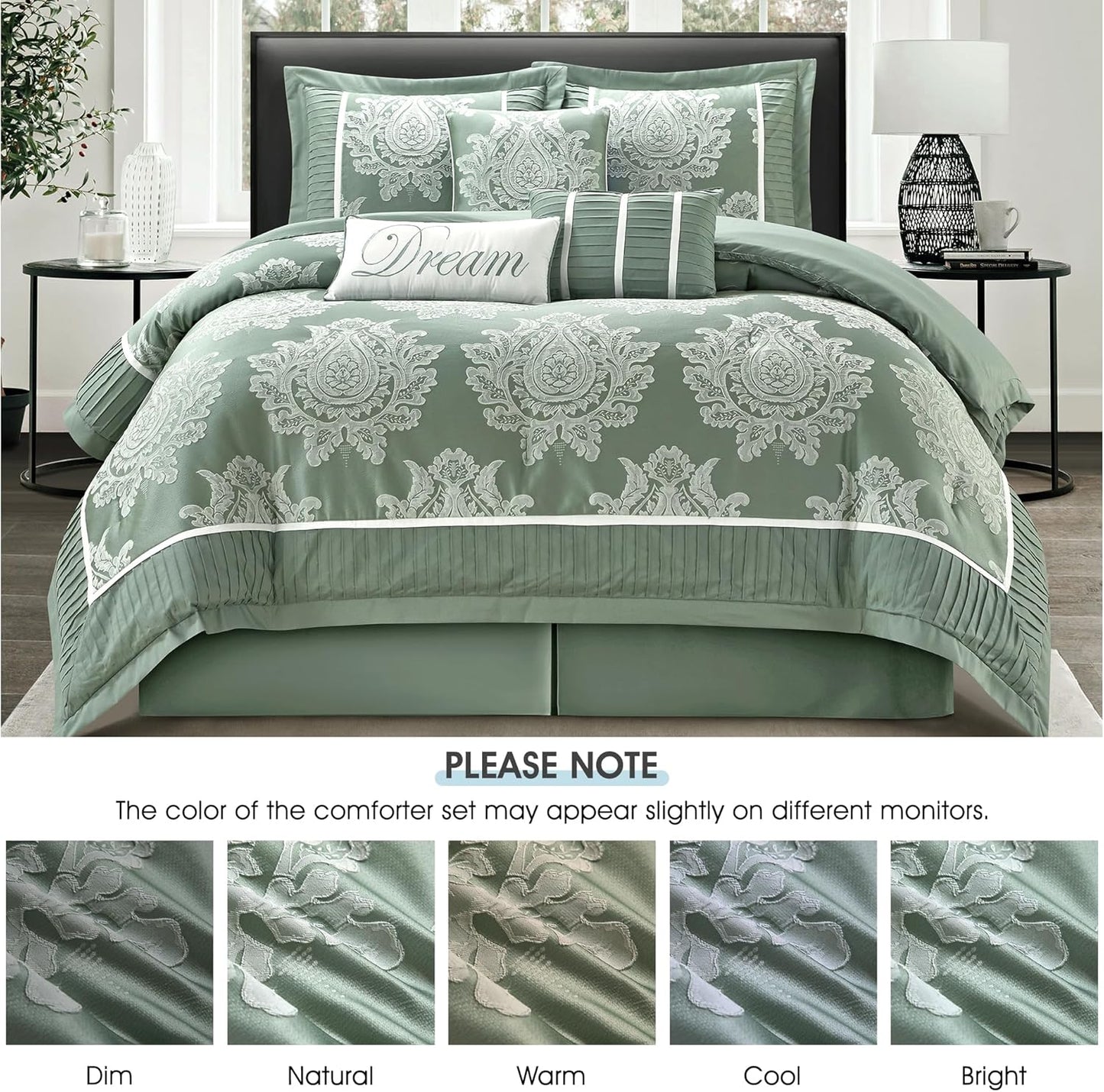 Dluxe Ave. ( QUEEN ) 7PC Comforter Set/ Jacquard with Matching Solid Piecework Bedding Set/ Sage