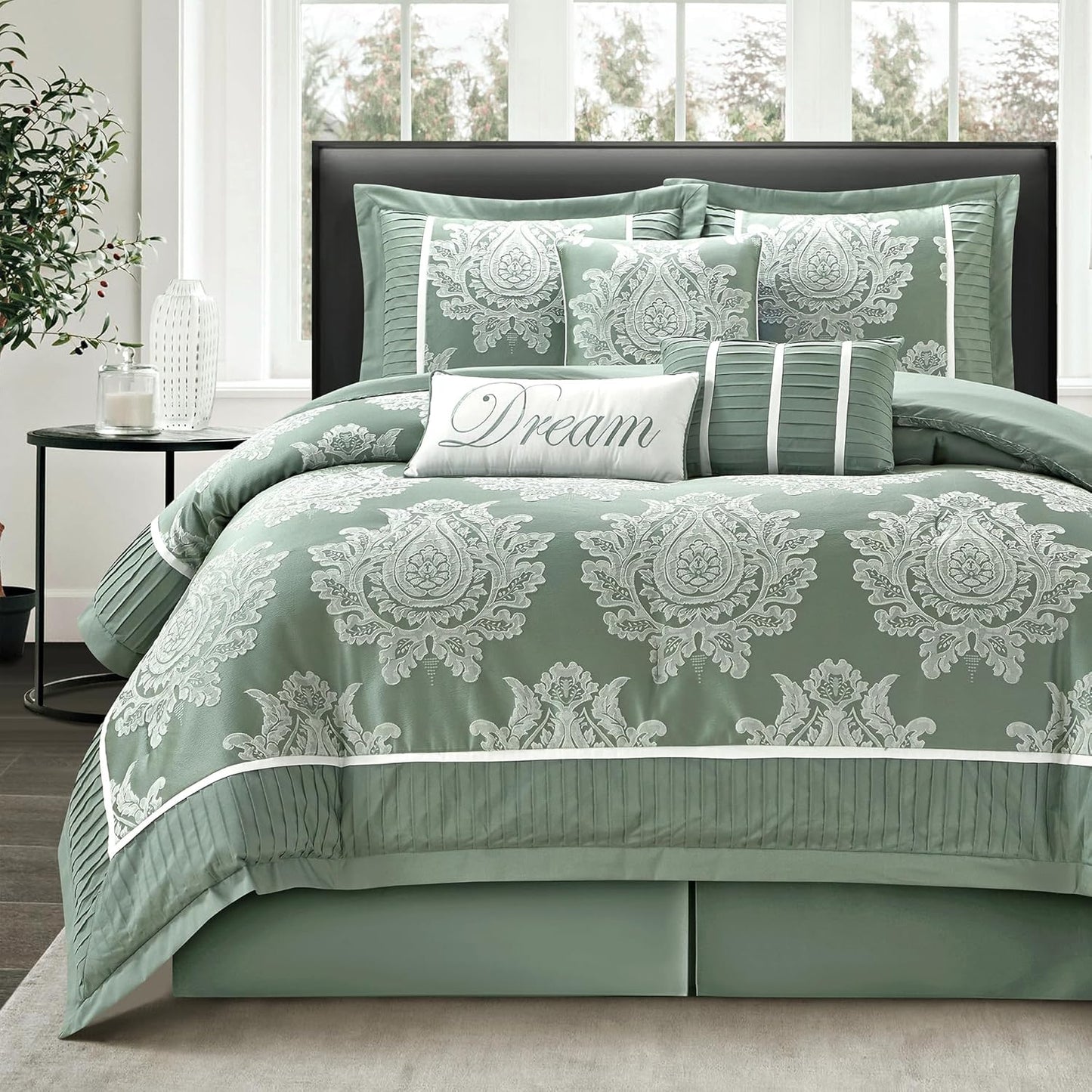 Dluxe Ave. ( QUEEN ) 7PC Comforter Set/ Jacquard with Matching Solid Piecework Bedding Set/ Sage