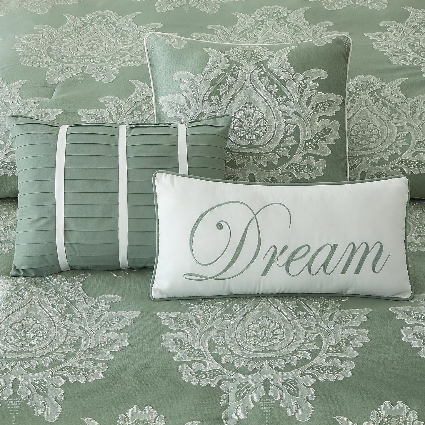 Dluxe Ave. ( QUEEN ) 7PC Comforter Set/ Jacquard with Matching Solid Piecework Bedding Set/ Sage