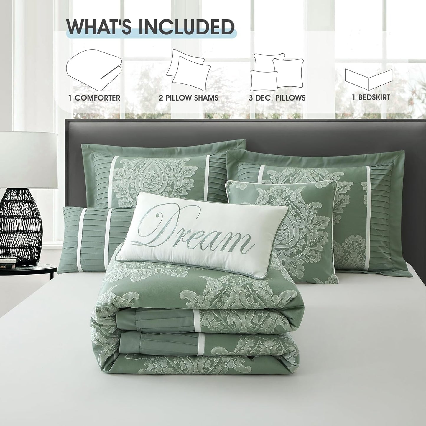 Dluxe Ave. ( QUEEN ) 7PC Comforter Set/ Jacquard with Matching Solid Piecework Bedding Set/ Sage