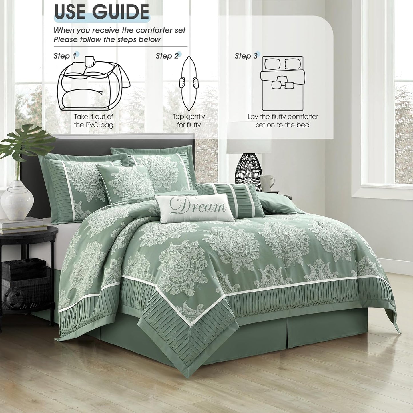 Dluxe Ave. ( QUEEN ) 7PC Comforter Set/ Jacquard with Matching Solid Piecework Bedding Set/ Sage