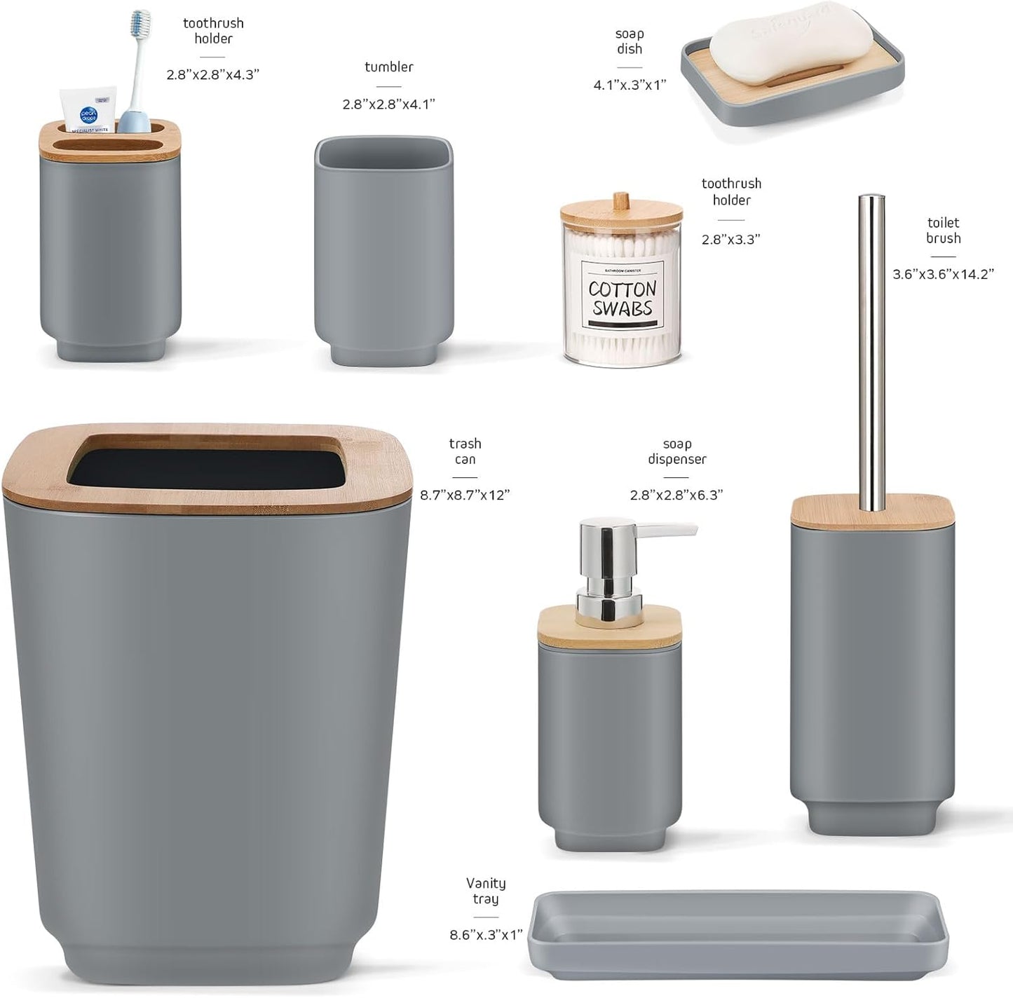Dluxe Ave. Grey Bathroom Set 11Pcs Bathroom Gift Set4 Q-tip Holder DispenserSoap DispenserSoap DishTrayToilet Brush Holder