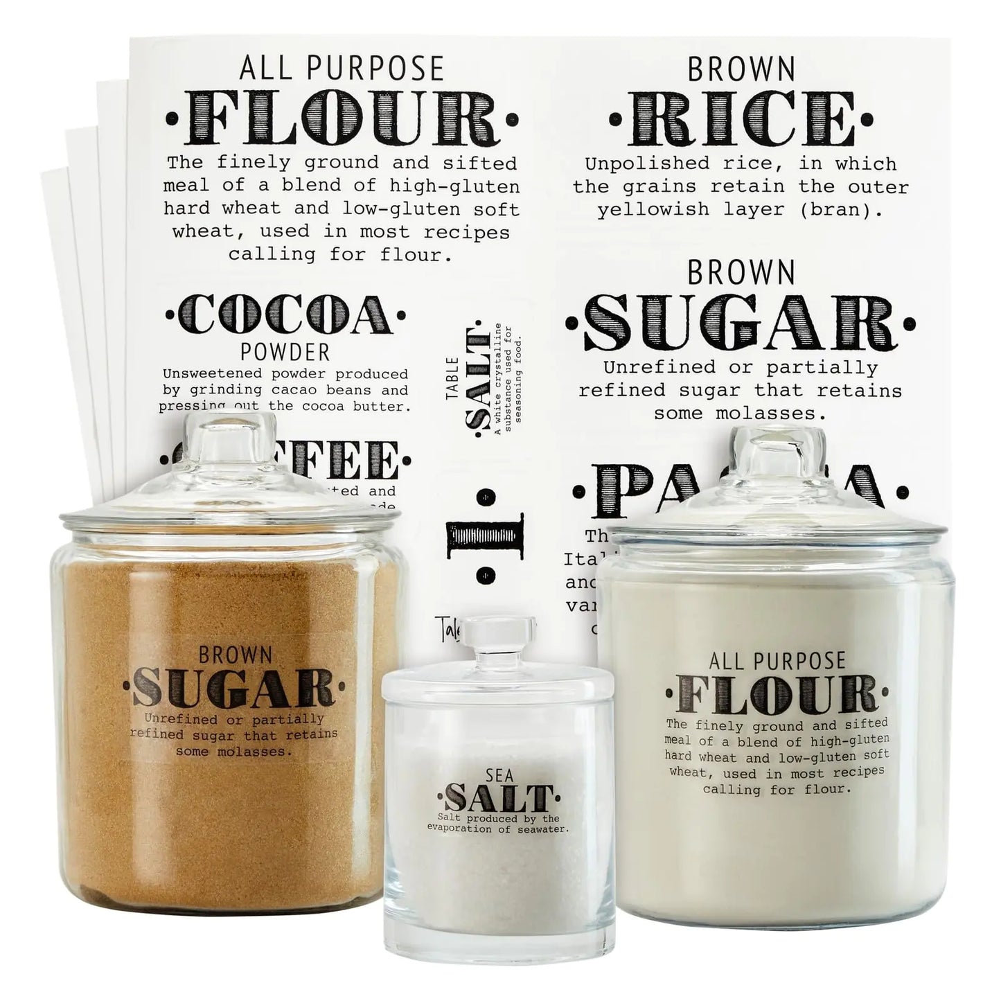 Dluxe Ave. Talented Kitchen 36 Preprinted Pantry Labels with Ingredient Definitions Clear Farmhouse Style Stickers for Food Jars Kitchen Organization and Storage (Water Resistant)