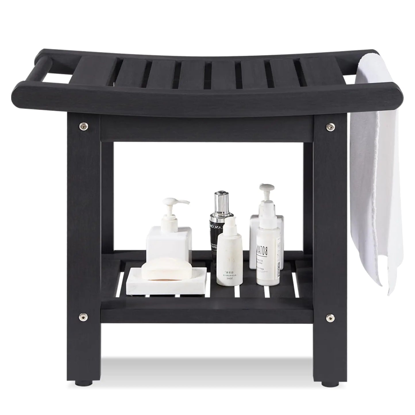 Dluxe Ave. Lumber Shower Bench/ Large 22" x 13"/ Waterproof, with Handles & Storage Shelf (Black)