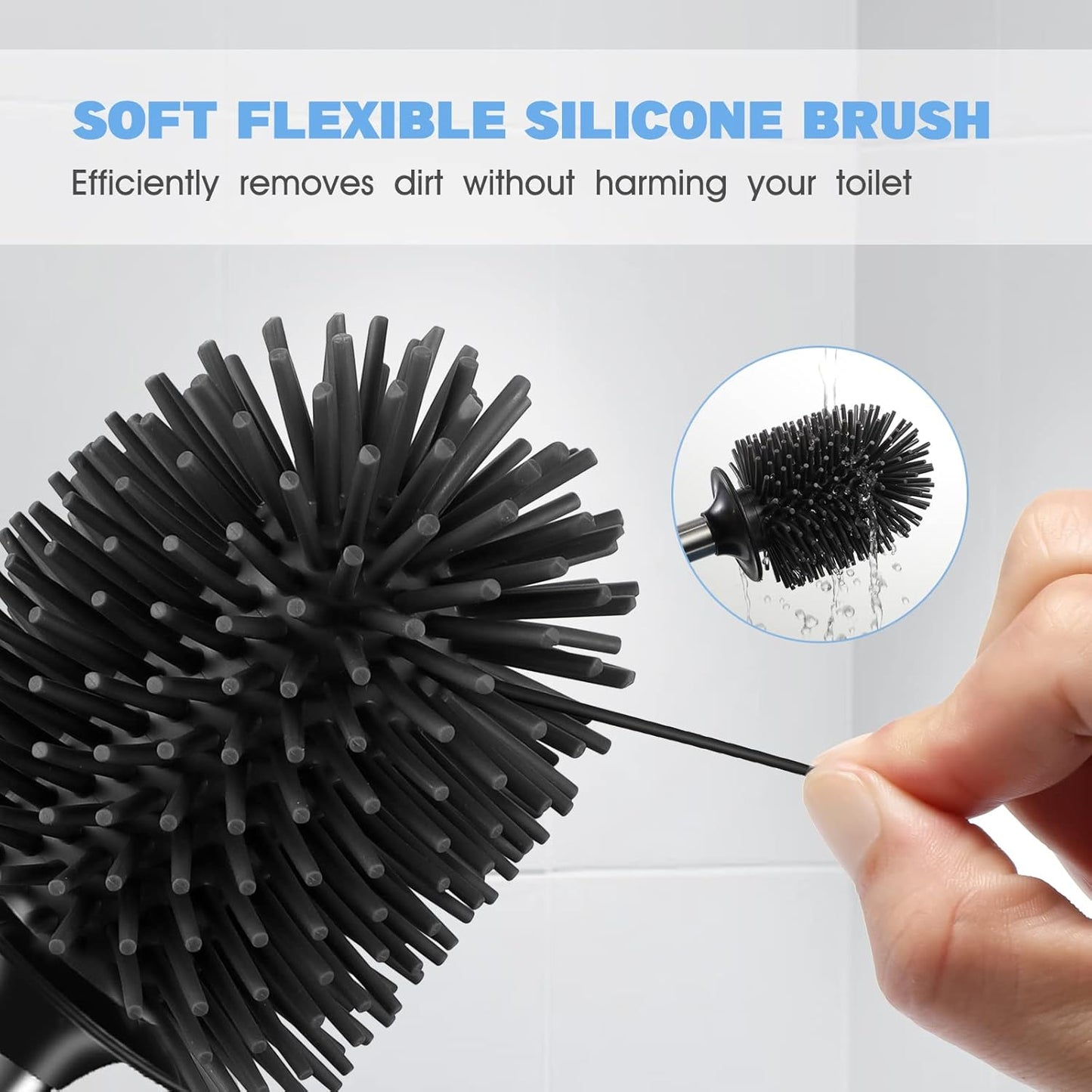 Dluxe Ave. HAMITOR Toilet Bowl Brush Holder Set: 2Pack Silicone Stainless Steel Deep Cleaning Toilet Cleaner Brush for Bathroom Restroom - Compact Modern Rv Toilet Scrubber Accessories with Caddy