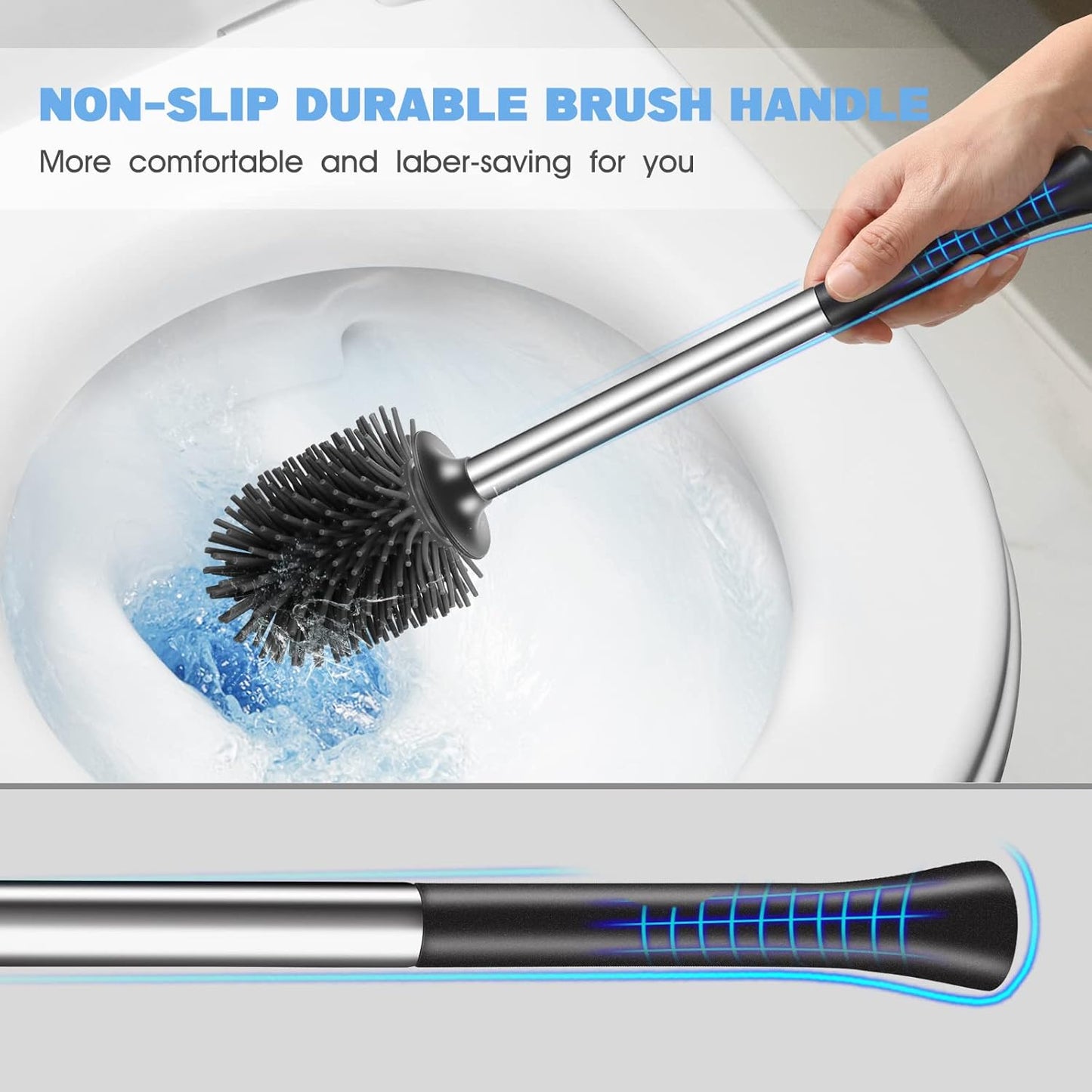 Dluxe Ave. HAMITOR Toilet Bowl Brush Holder Set: 2Pack Silicone Stainless Steel Deep Cleaning Toilet Cleaner Brush for Bathroom Restroom - Compact Modern Rv Toilet Scrubber Accessories with Caddy