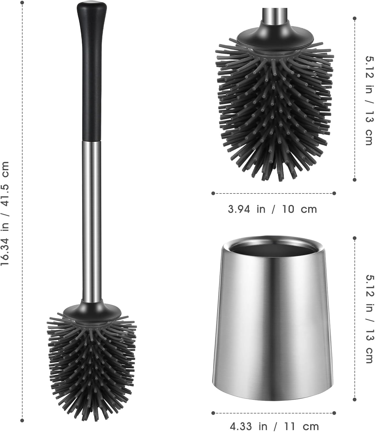 Dluxe Ave. HAMITOR Toilet Bowl Brush Holder Set: 2Pack Silicone Stainless Steel Deep Cleaning Toilet Cleaner Brush for Bathroom Restroom - Compact Modern Rv Toilet Scrubber Accessories with Caddy