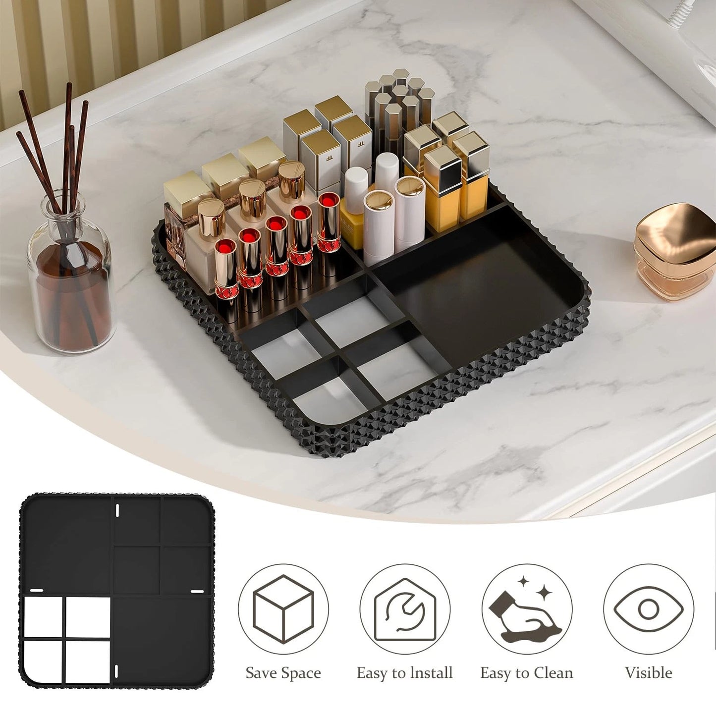 Dluxe Ave. HEMTROY Rotating Makeup Organizer with Makeup Brush Holder Large Capacity Perfume Organizer for Vanity Countertop Acrylic Skincare Organizers Spinning Holder Storage Rack (Black)