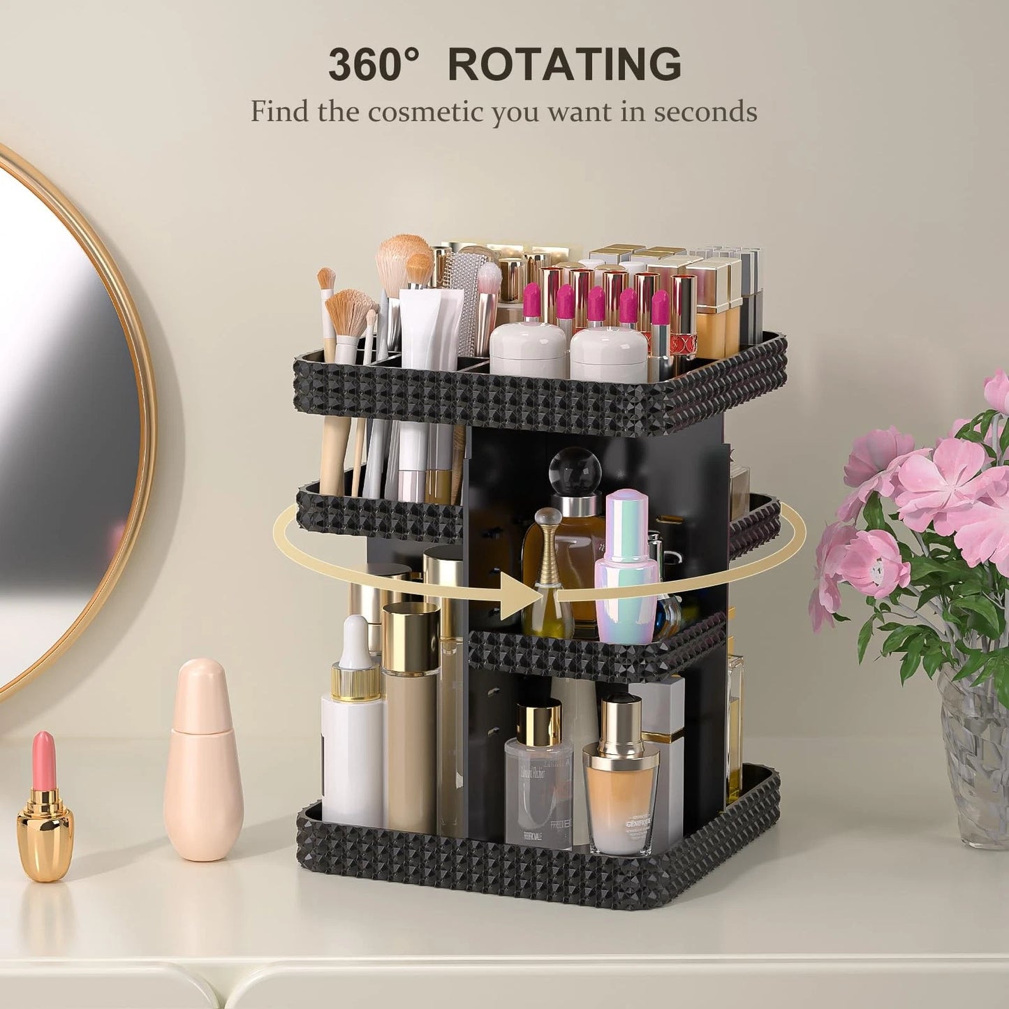 Dluxe Ave. HEMTROY Rotating Makeup Organizer with Makeup Brush Holder Large Capacity Perfume Organizer for Vanity Countertop Acrylic Skincare Organizers Spinning Holder Storage Rack (Black)