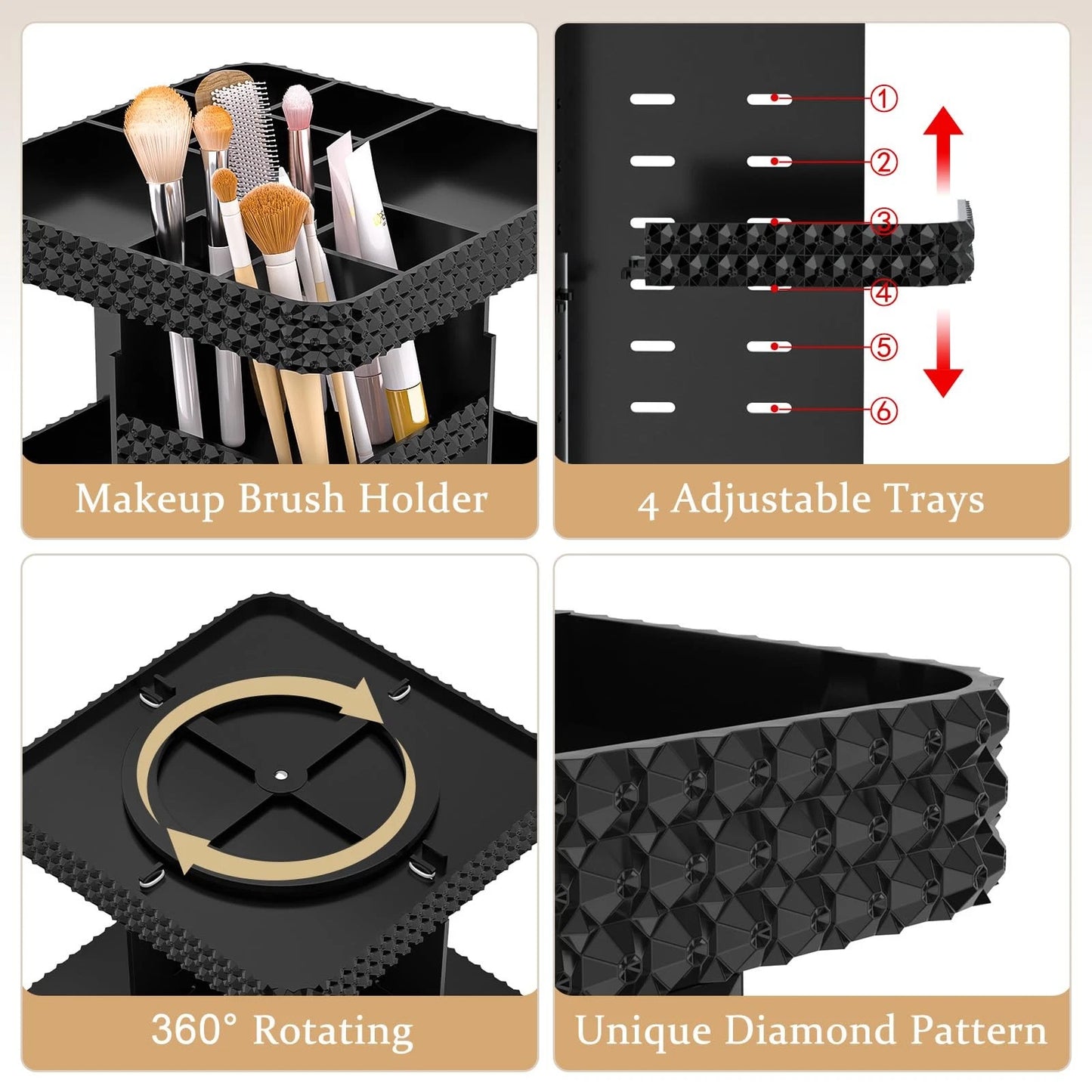 Dluxe Ave. HEMTROY Rotating Makeup Organizer with Makeup Brush Holder Large Capacity Perfume Organizer for Vanity Countertop Acrylic Skincare Organizers Spinning Holder Storage Rack (Black)