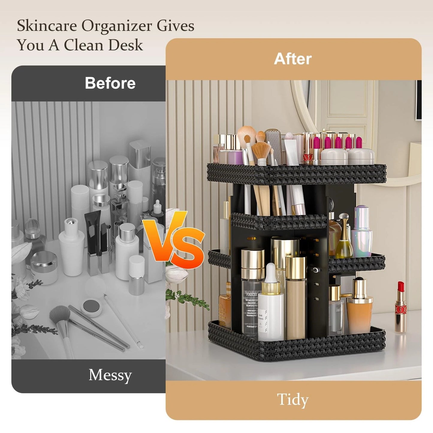 Dluxe Ave. HEMTROY Rotating Makeup Organizer with Makeup Brush Holder Large Capacity Perfume Organizer for Vanity Countertop Acrylic Skincare Organizers Spinning Holder Storage Rack (Black)