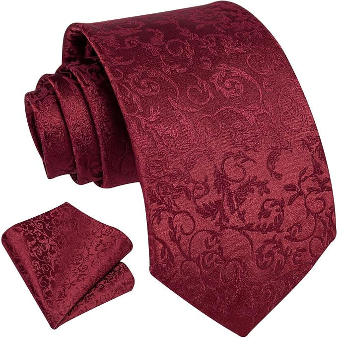 Dluxe Ave. Burgundy Tie Paisley Mens Ties and Pocket Square Cufflinks Set