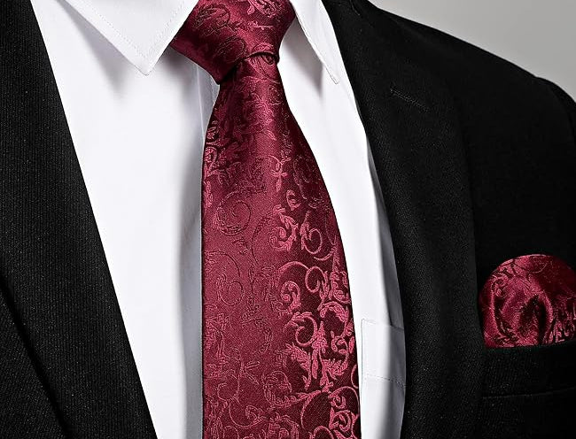 Dluxe Ave. Burgundy Tie Paisley Mens Ties and Pocket Square Cufflinks Set