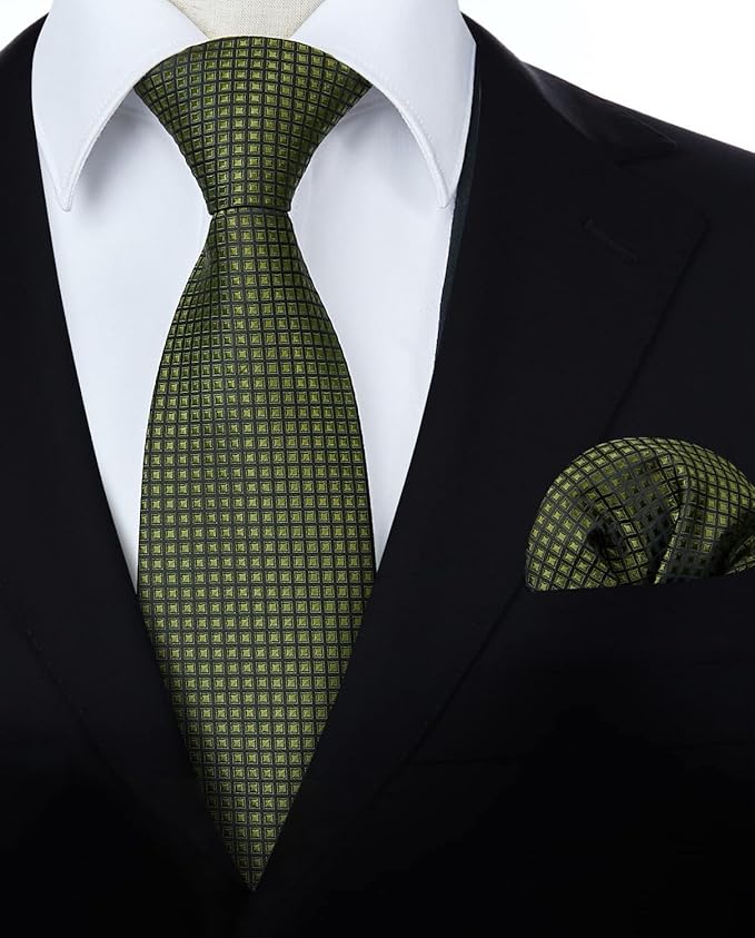 Dluxe Ave. Green Ties for Men Olive Green Mens Silk Tie and Pocket Square Set