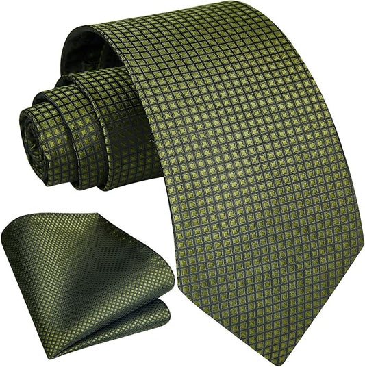 Dluxe Ave. Green Ties for Men Olive Green Mens Silk Tie and Pocket Square Set