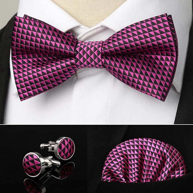 Dluxe Ave. Hot Pink Bow Ties for Men Plaid Mens Bow Tie Silk Tuxedo Bowtie and Pocket Square Cufflinks Set Adjustable Black and Pink