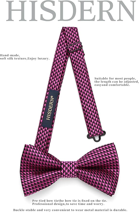 Dluxe Ave. Hot Pink Bow Ties for Men Plaid Mens Bow Tie Silk Tuxedo Bowtie and Pocket Square Cufflinks Set Adjustable Black and Pink
