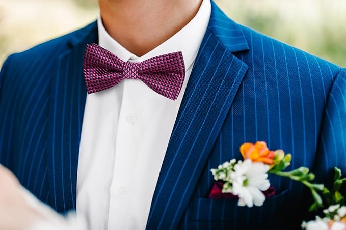 Dluxe Ave. Hot Pink Bow Ties for Men Plaid Mens Bow Tie Silk Tuxedo Bowtie and Pocket Square Cufflinks Set Adjustable Black and Pink