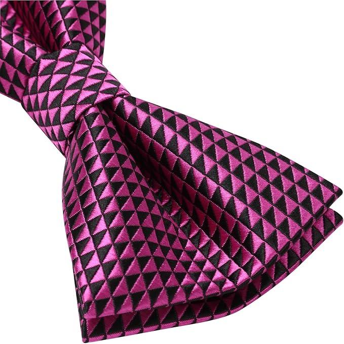 Dluxe Ave. Hot Pink Bow Ties for Men Plaid Mens Bow Tie Silk Tuxedo Bowtie and Pocket Square Cufflinks Set Adjustable Black and Pink