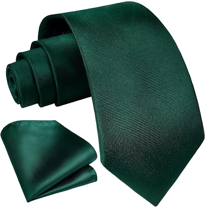 Dluxe Ave. Ties for Men Green Tie with Pocket Square Set Solid Green Stripe Silk